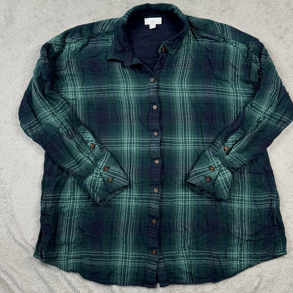 J. Jill‎ Womens Large Green Navy Plaid Rayon Double Layer Button Down Shirt